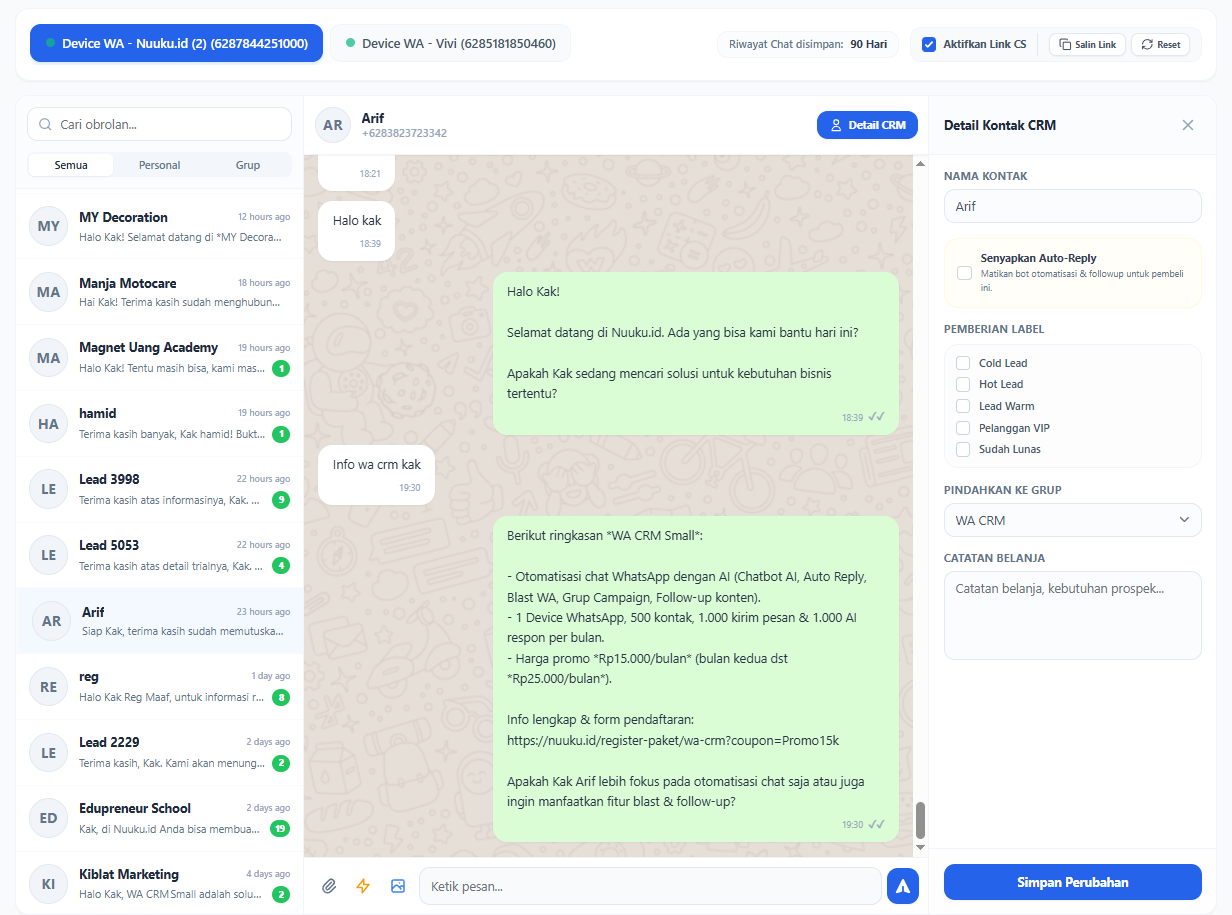 Dashboard Live Chat WA CRM nuuku.id